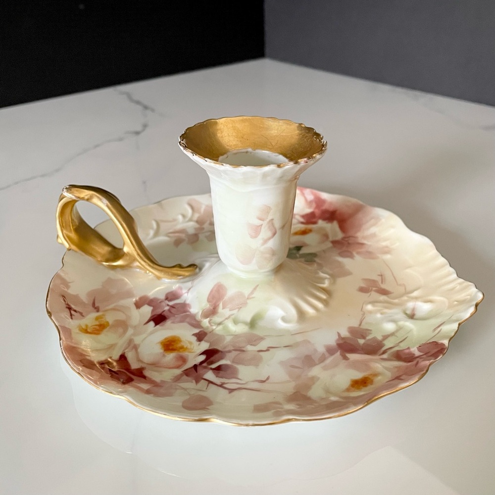 Floral & Gold Candle Holder with Handle - J.P. Limoges